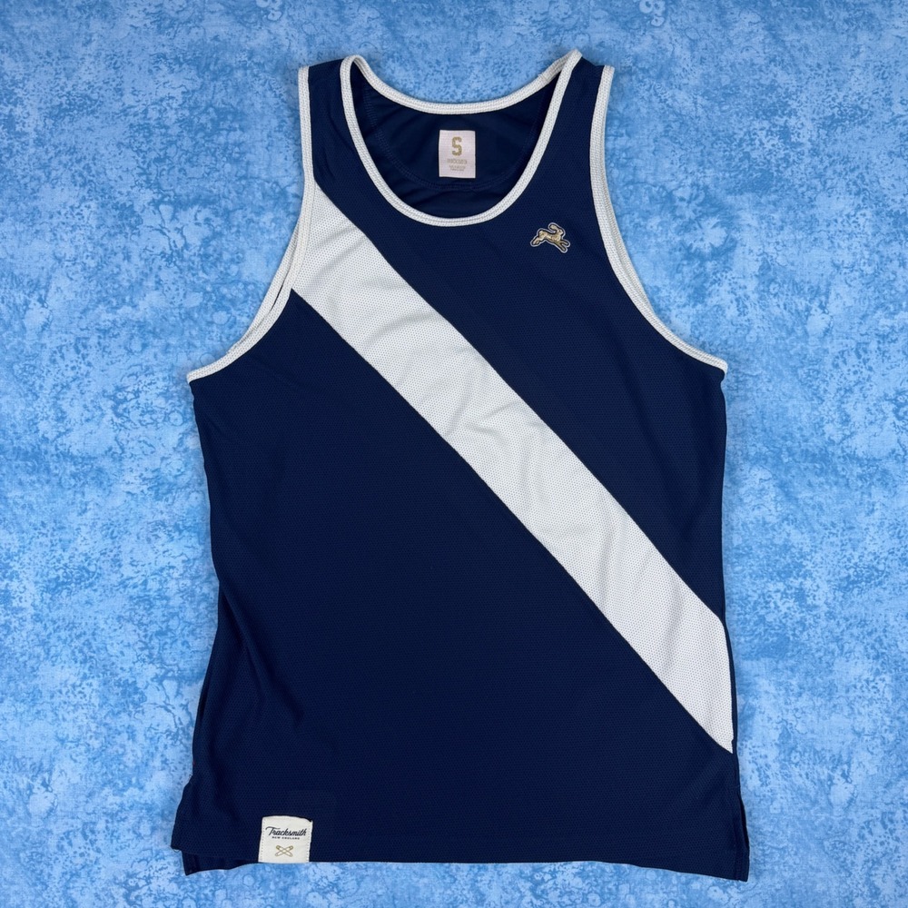 Tracksmith Van Cortlandt Running Singlet Navy Blue White Racing Tank Top Mens S